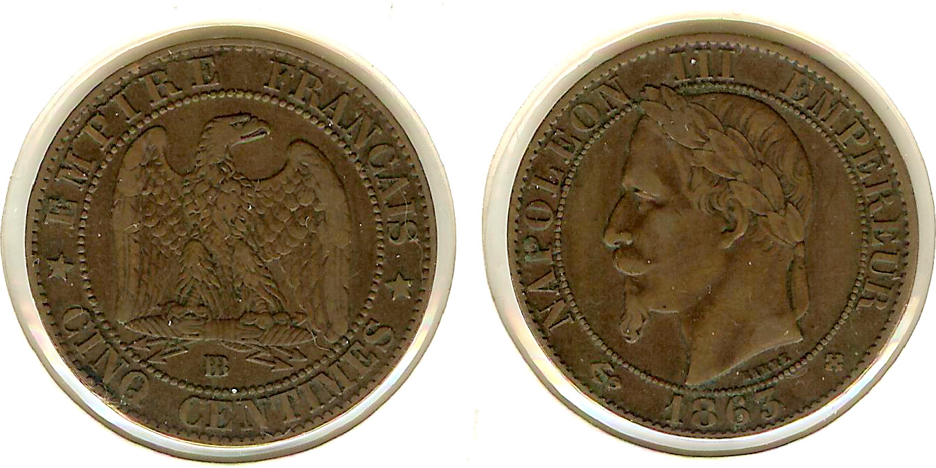 Cinq centimes Napoléon III, tête laurée 1863 Strasbourg TB+ à TT